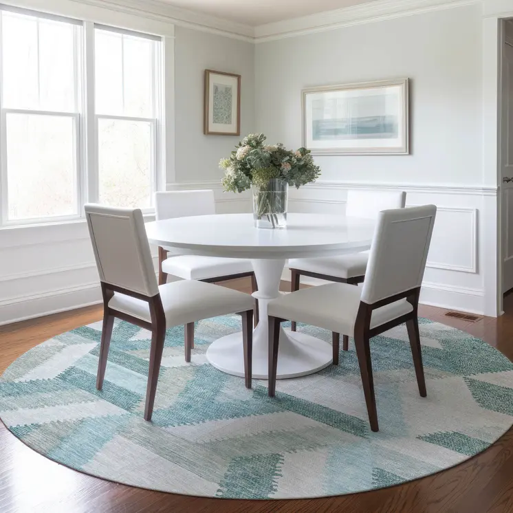 8' Teal Blue Round Geometric Washable Indoor Outdoor Area Rug