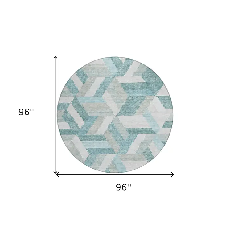 8' Teal Blue Round Geometric Washable Indoor Outdoor Area Rug