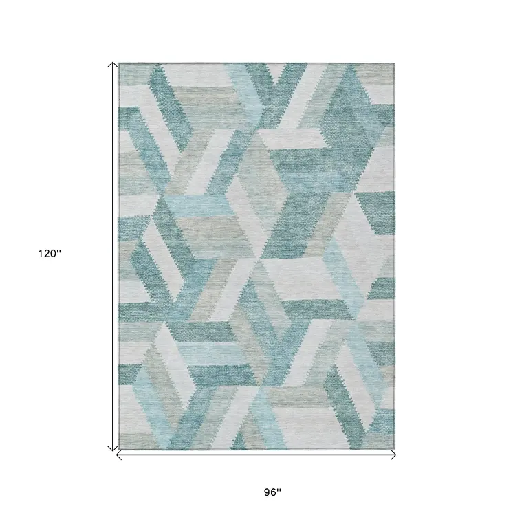 8' X 10' Teal Blue Geometric Washable Indoor Outdoor Area Rug