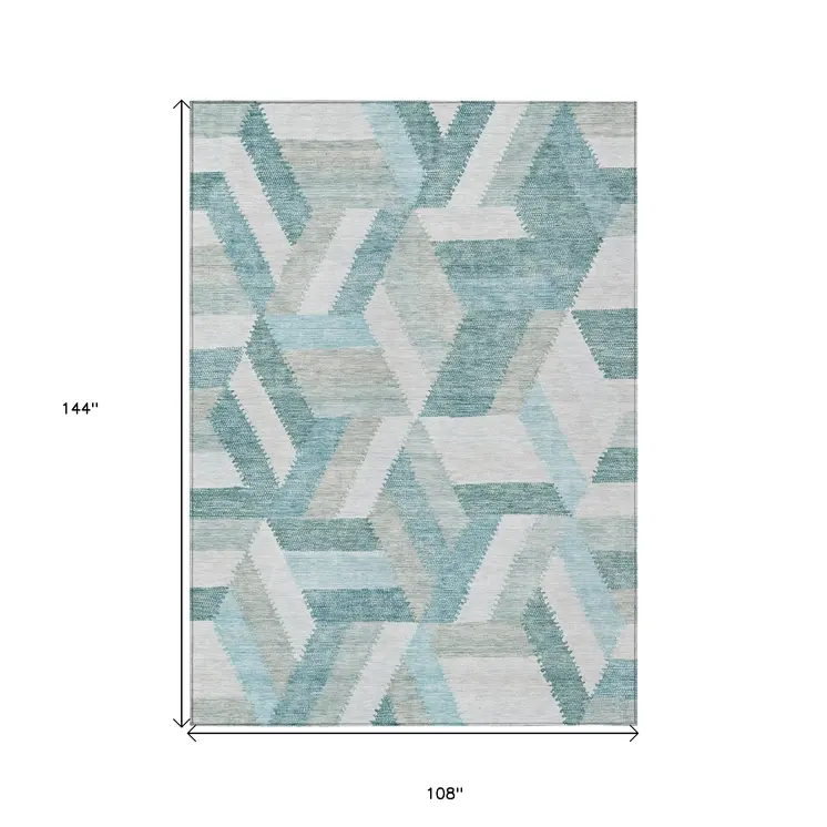 9' X 12' Teal Blue Geometric Washable Indoor Outdoor Area Rug