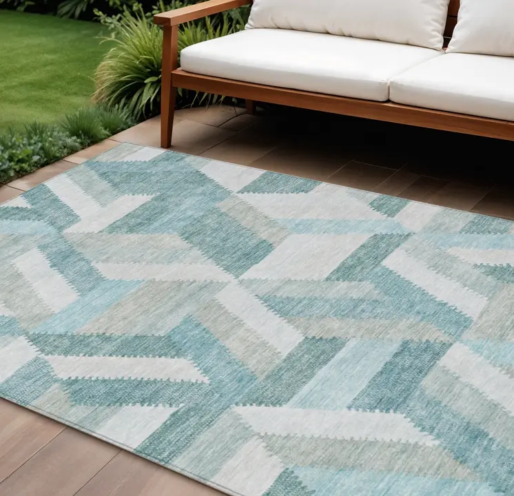 9' X 12' Teal Blue Geometric Washable Indoor Outdoor Area Rug
