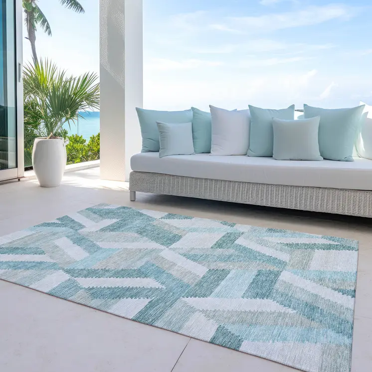 9' X 12' Teal Blue Geometric Washable Indoor Outdoor Area Rug