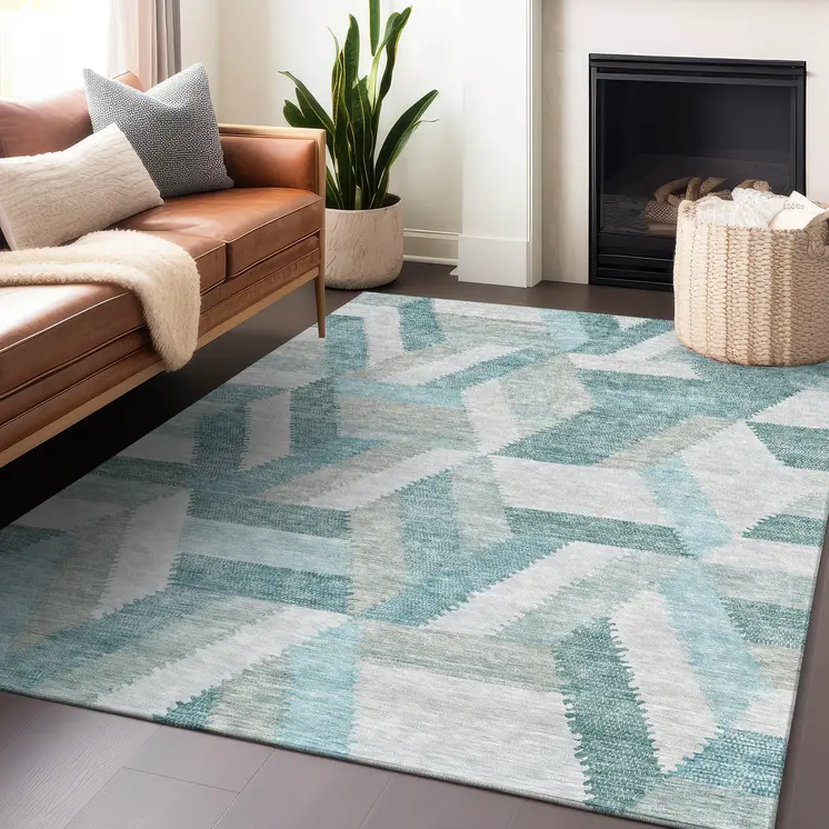 9' X 12' Teal Blue Geometric Washable Indoor Outdoor Area Rug