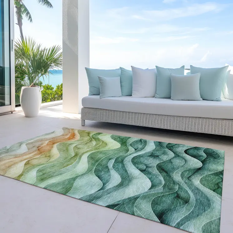 3' X 5' Teal Blue Abstract Washable Indoor Outdoor Area Rug