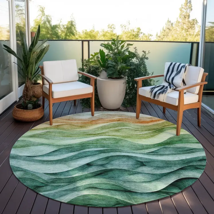 8' Teal Blue Round Abstract Washable Indoor Outdoor Area Rug