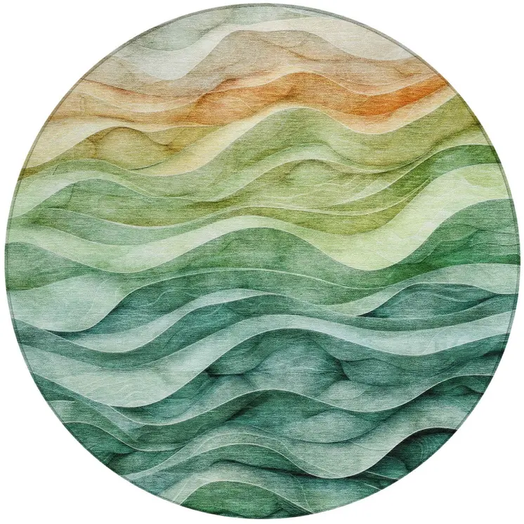 8' Teal Blue Round Abstract Washable Indoor Outdoor Area Rug