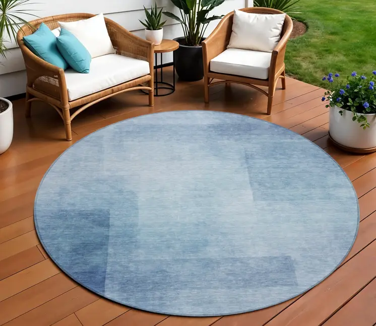 8' Blue Round Geometric Washable Indoor Outdoor Area Rug