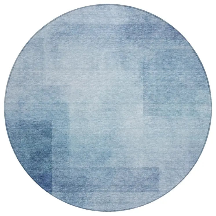 8' Blue Round Geometric Washable Indoor Outdoor Area Rug