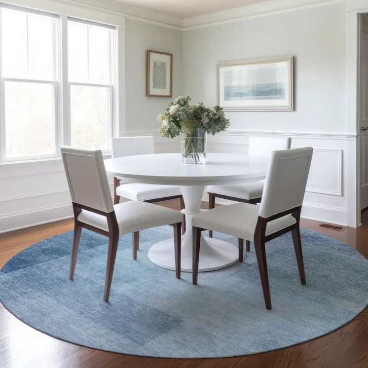 8' Blue Round Geometric Washable Indoor Outdoor Area Rug