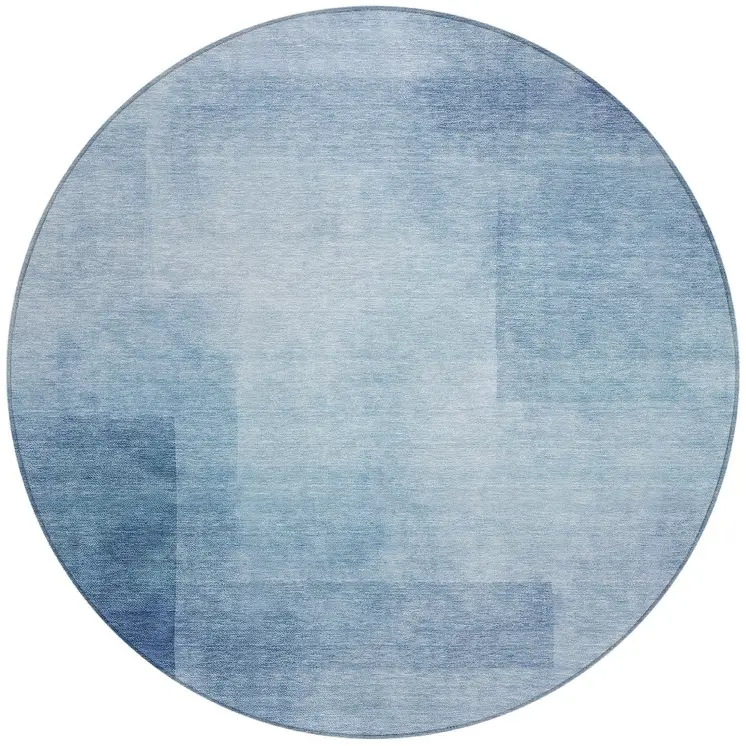 8' Blue Round Geometric Washable Indoor Outdoor Area Rug
