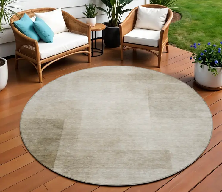 8' Khaki Round Geometric Washable Indoor Outdoor Area Rug