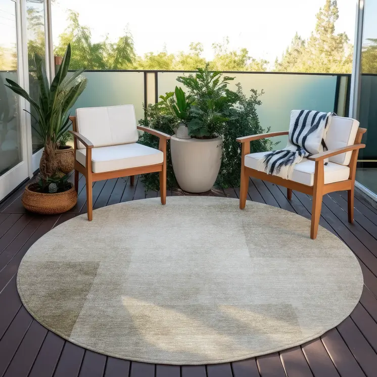 8' Khaki Round Geometric Washable Indoor Outdoor Area Rug