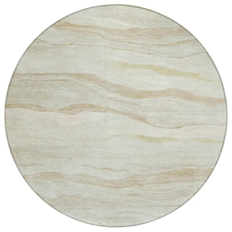 8' Beige Round Striped Washable Indoor Outdoor Area Rug