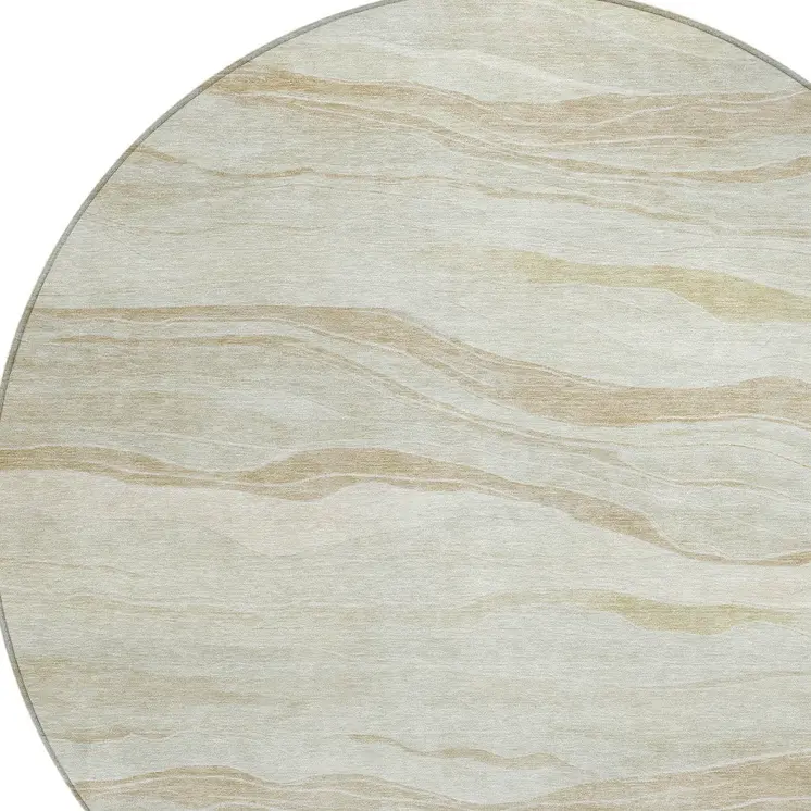 8' Beige Round Striped Washable Indoor Outdoor Area Rug