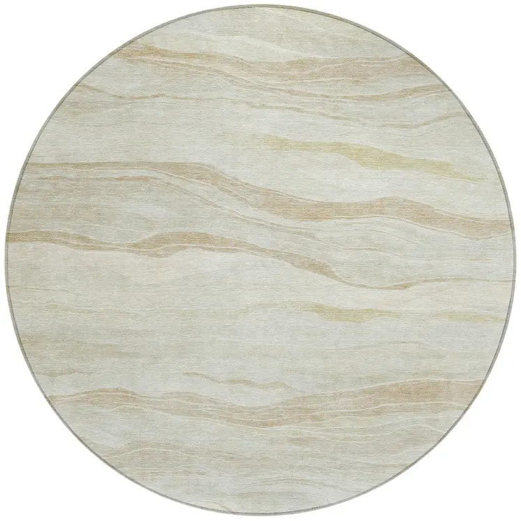 8' Beige Round Striped Washable Indoor Outdoor Area Rug