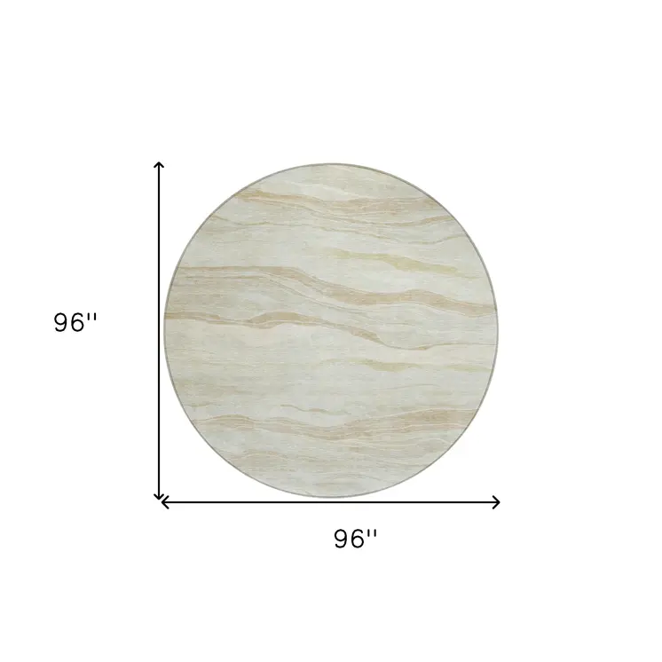 8' Beige Round Striped Washable Indoor Outdoor Area Rug