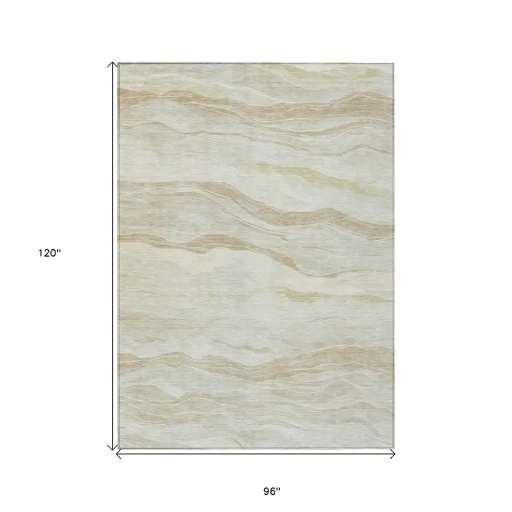 8' X 10' Beige Striped Washable Indoor Outdoor Area Rug
