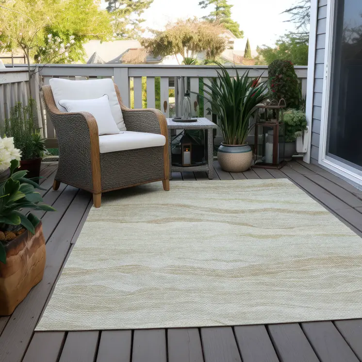 9' X 12' Beige Striped Washable Indoor Outdoor Area Rug