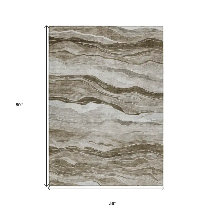 3' X 5' Brown Striped Washable Indoor Outdoor Area Rug