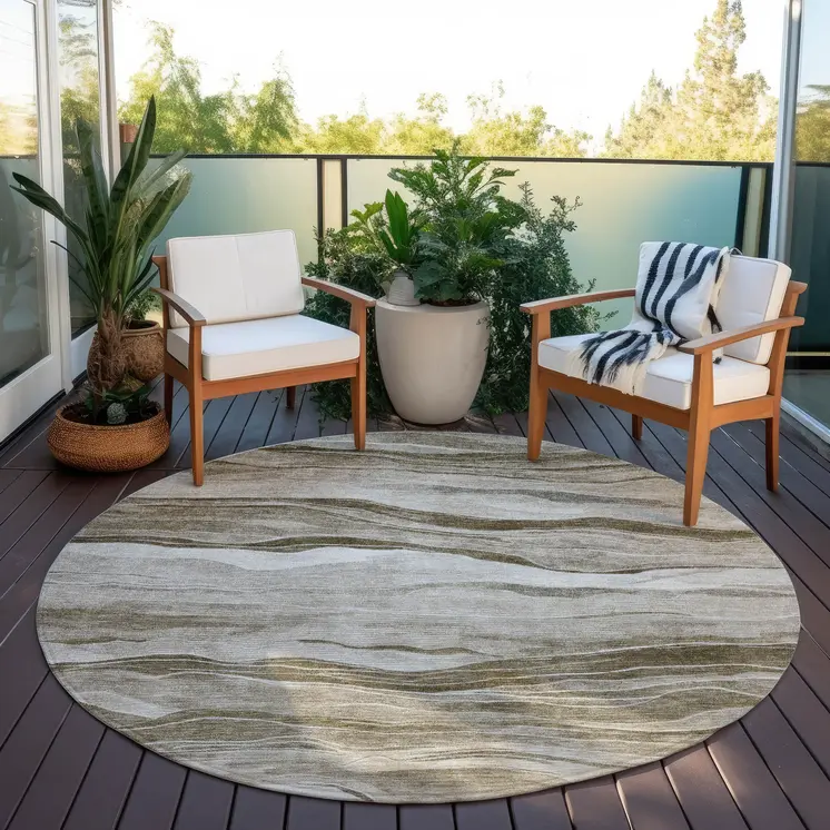 8' Brown Round Striped Washable Indoor Outdoor Area Rug