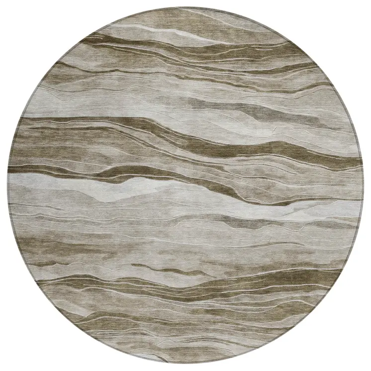 8' Brown Round Striped Washable Indoor Outdoor Area Rug