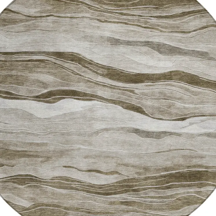 8' Brown Round Striped Washable Indoor Outdoor Area Rug