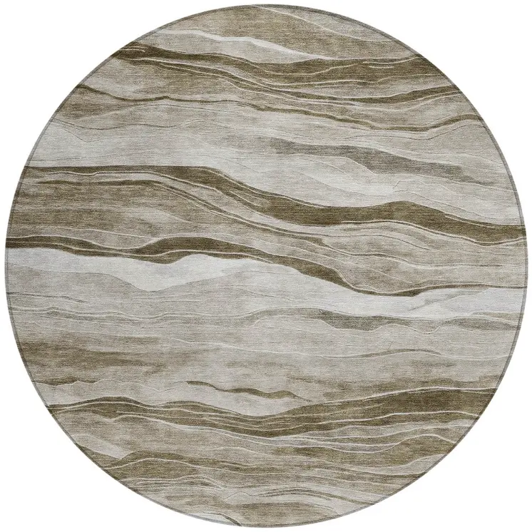 8' Brown Round Striped Washable Indoor Outdoor Area Rug