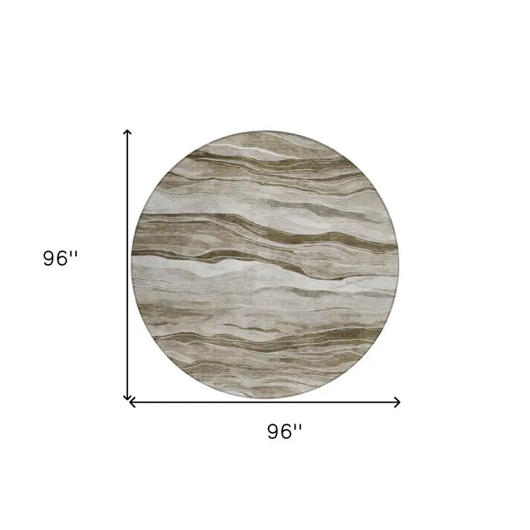 8' Brown Round Striped Washable Indoor Outdoor Area Rug