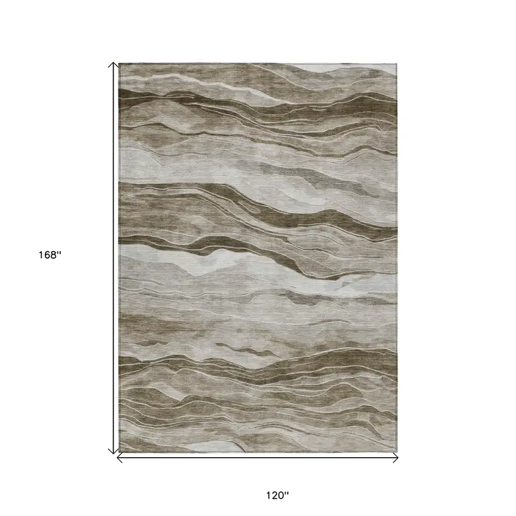 10' X 14' Brown Striped Washable Indoor Outdoor Area Rug