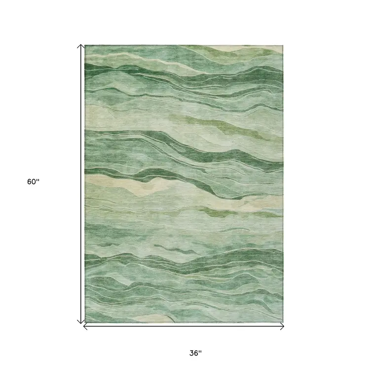 3' X 5' Green Striped Washable Indoor Outdoor Area Rug