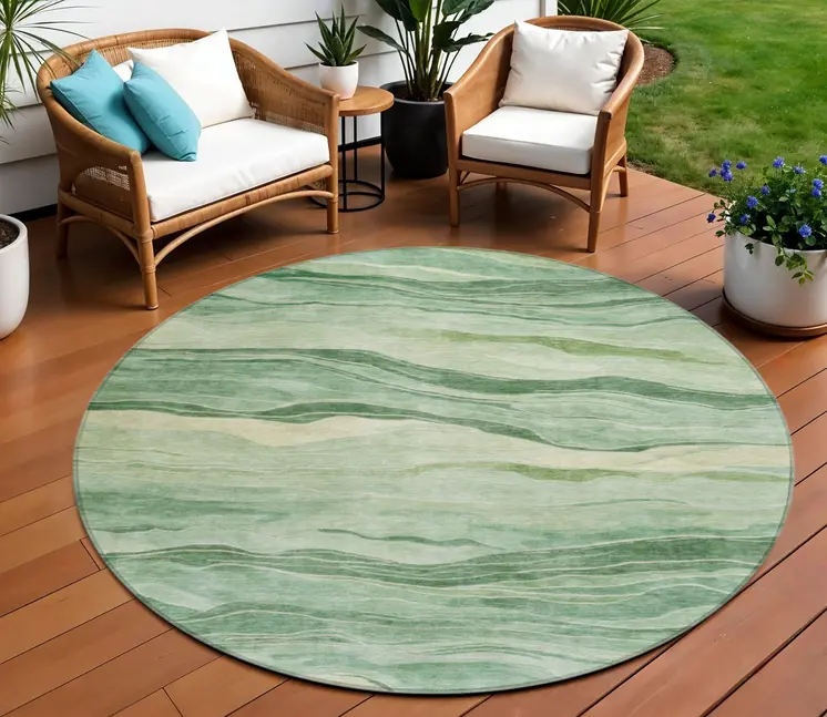8' Green Round Striped Washable Indoor Outdoor Area Rug