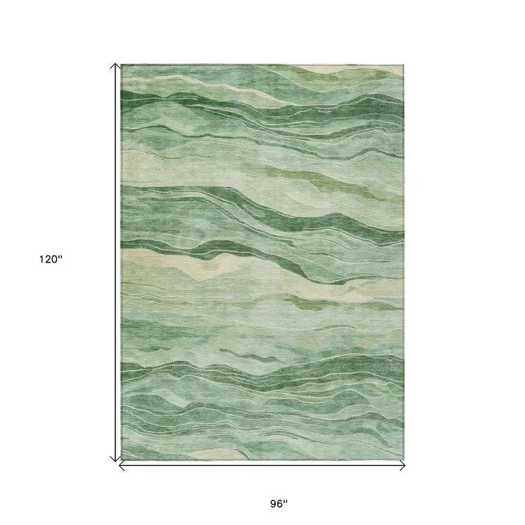 8' X 10' Green Striped Washable Indoor Outdoor Area Rug