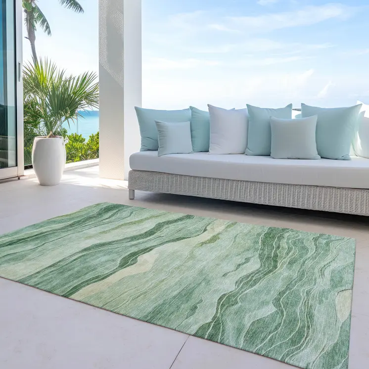 8' X 10' Green Striped Washable Indoor Outdoor Area Rug