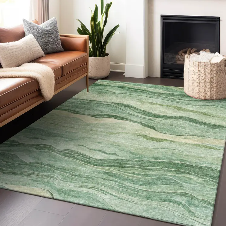 8' X 10' Green Striped Washable Indoor Outdoor Area Rug