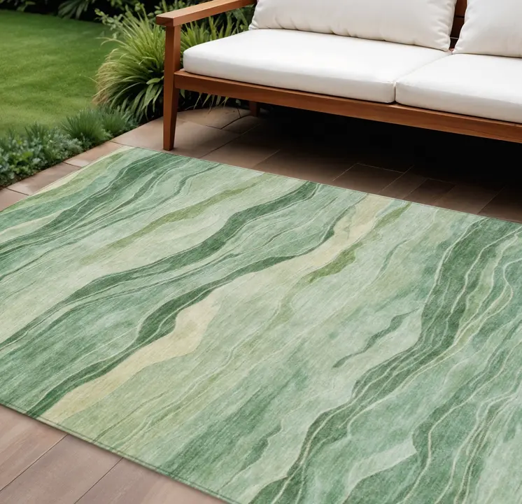 9' X 12' Green Striped Washable Indoor Outdoor Area Rug