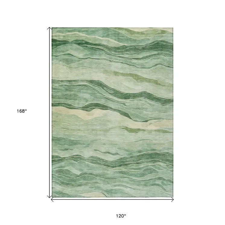 10' X 14' Green Striped Washable Indoor Outdoor Area Rug