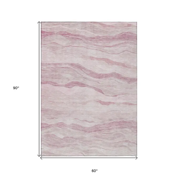 5' X 8' Pink Striped Washable Indoor Outdoor Area Rug