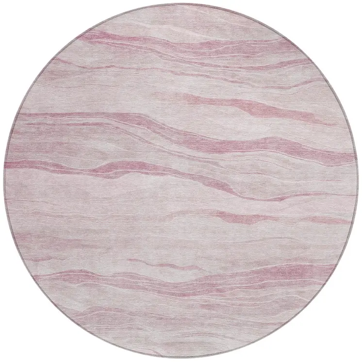 8' Pink Round Striped Washable Indoor Outdoor Area Rug