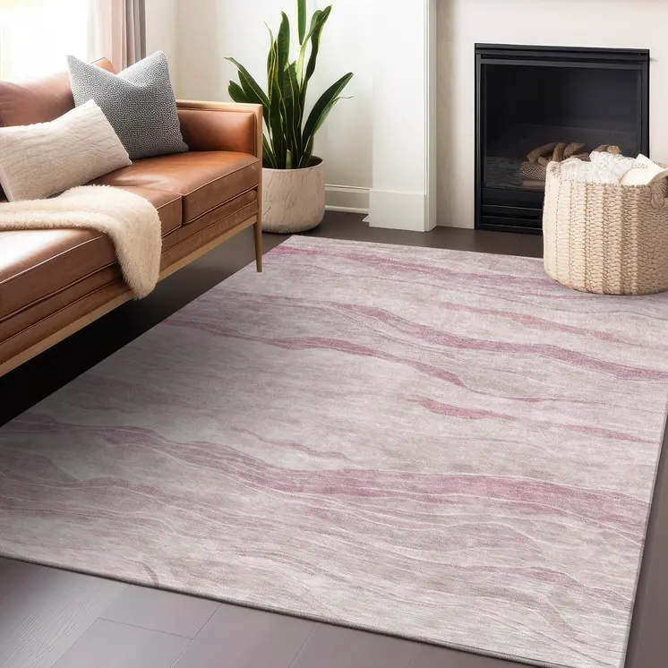 9' X 12' Pink Striped Washable Indoor Outdoor Area Rug