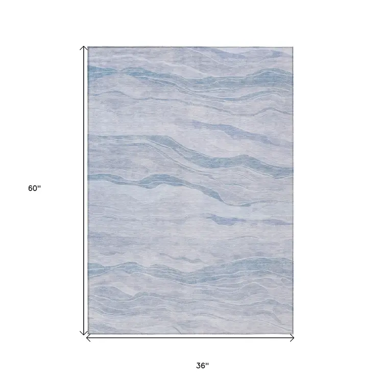 3' X 5' Sky Blue Striped Washable Indoor Outdoor Area Rug