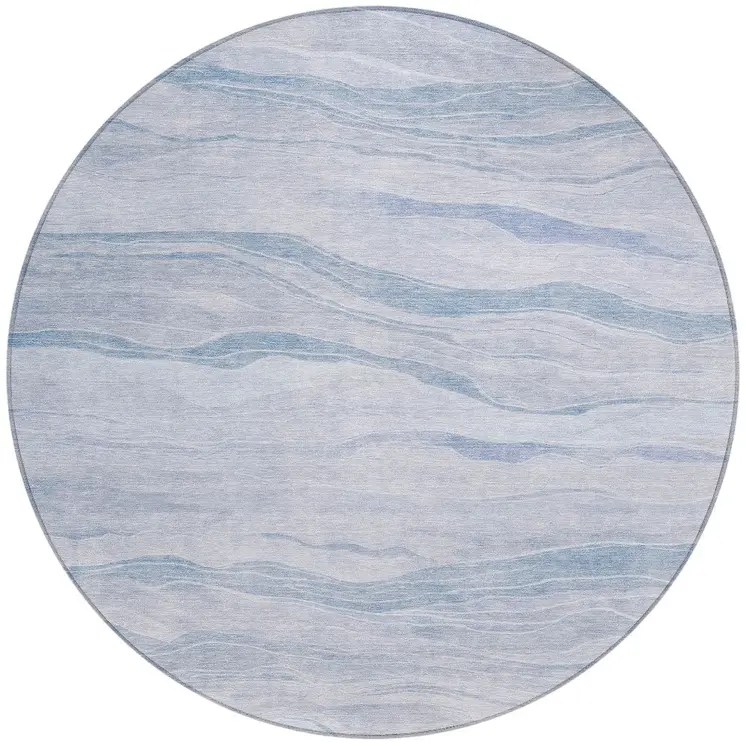 8' Sky Blue Round Striped Washable Indoor Outdoor Area Rug
