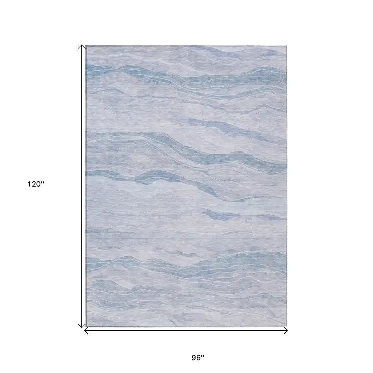8' X 10' Sky Blue Striped Washable Indoor Outdoor Area Rug