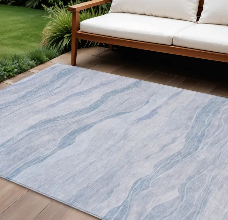 10' X 14' Sky Blue Striped Washable Indoor Outdoor Area Rug