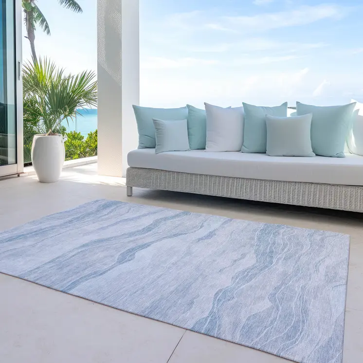 10' X 14' Sky Blue Striped Washable Indoor Outdoor Area Rug