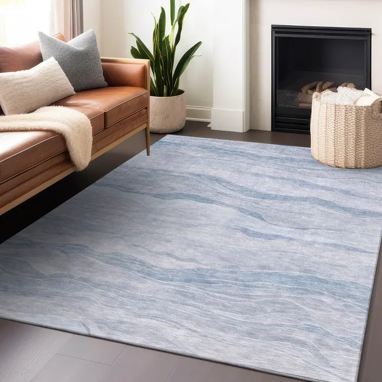 10' X 14' Sky Blue Striped Washable Indoor Outdoor Area Rug