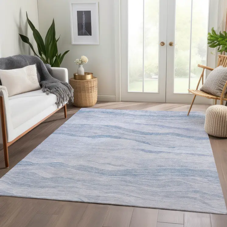 10' X 14' Sky Blue Striped Washable Indoor Outdoor Area Rug