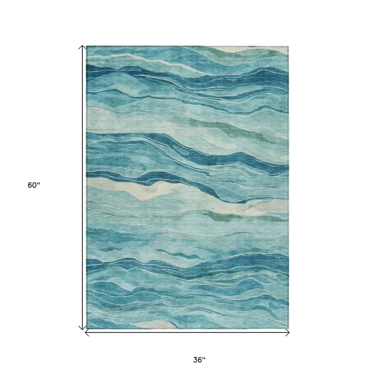 3' X 5' Turquoise Striped Washable Indoor Outdoor Area Rug