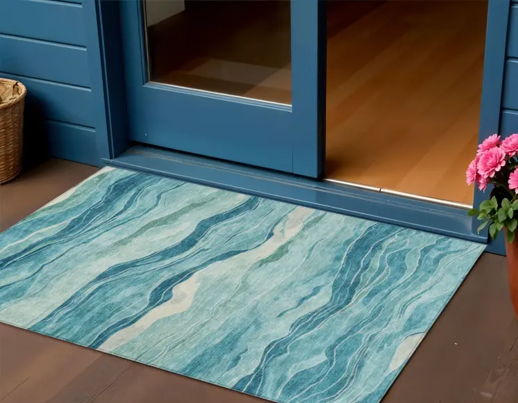 3' X 5' Turquoise Striped Washable Indoor Outdoor Area Rug