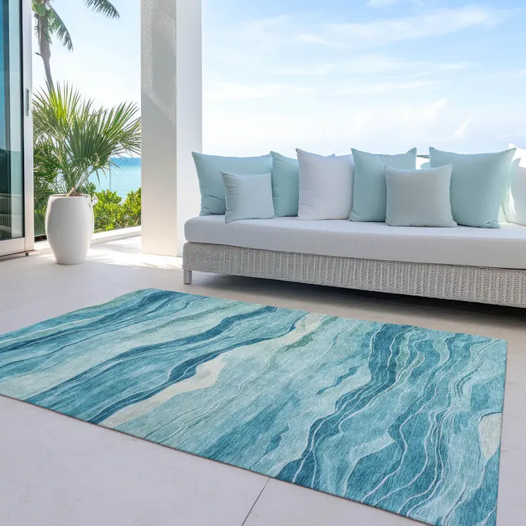 3' X 5' Turquoise Striped Washable Indoor Outdoor Area Rug