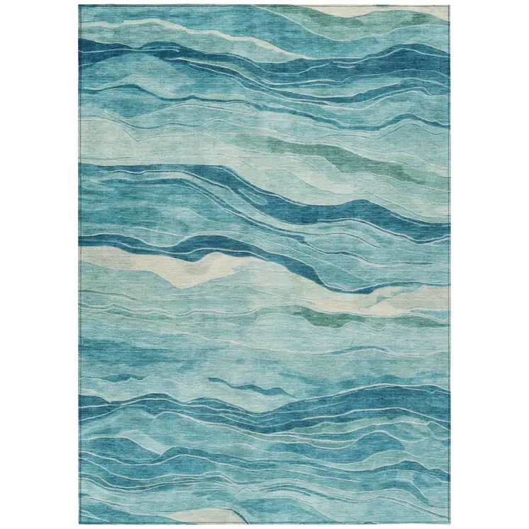 3' X 5' Turquoise Striped Washable Indoor Outdoor Area Rug